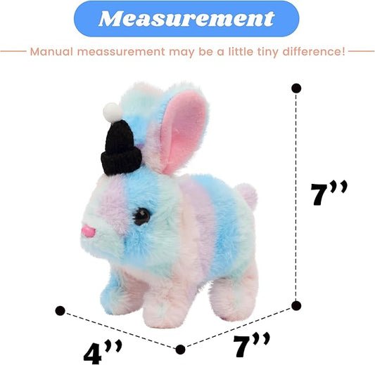 Hopearl Hopping Rabbit with Hat Interactive Electronic Pet Plush Bunny Toy with Sounds and Movements Animated Walking Wiggle Ears Twitch Nose Gift for Toddlers Birthday, Rainbow, 7''