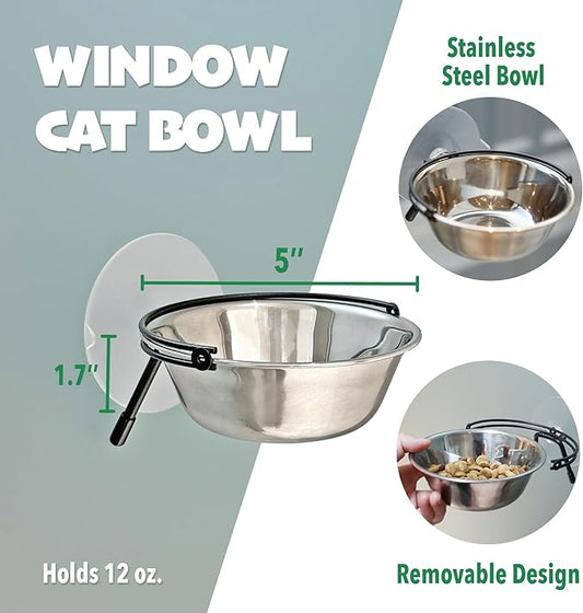 PETKARAY Window Bowls for Indoor Cats, 12 Ounces Food Bowl for Window, Dog Proof Cat Feeding Station, Foldable Stainless Bowl (Pack of 2)