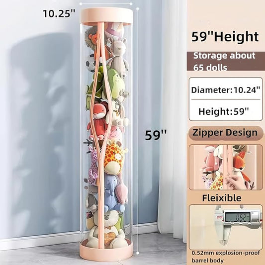 Upgraded Stuffed Animal Storage Tube,Tall (150cm) Plush Organizer with 4 Wheels,Pink PET Clear Bucket & Double Zipper, Space-Saving Toy Storage for Kids Room,Tidy Zoo Bin for Stuffed Animals