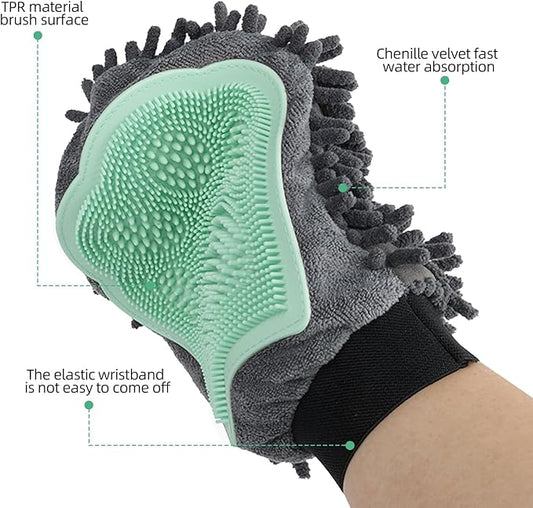 Green Double-Sided Dog Bath Glove Cleaning Massage Dog Brush for Dogs and Cats Chenille Absorbent Pet Towel Mitt with TPR Pet Grooming Glove for Gentle Hair Removal Glove