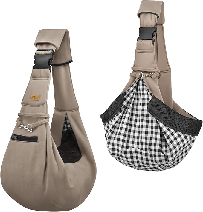 CUBY Dog and Cat Sling Carrier - Hands Free Reversible Pet Papoose Bag - Soft Pouch and Tote Design - Suitable for Puppy, Small Dogs Cats Outdoor (Khaki Senior, Adjust Strap 2.0)ā¦