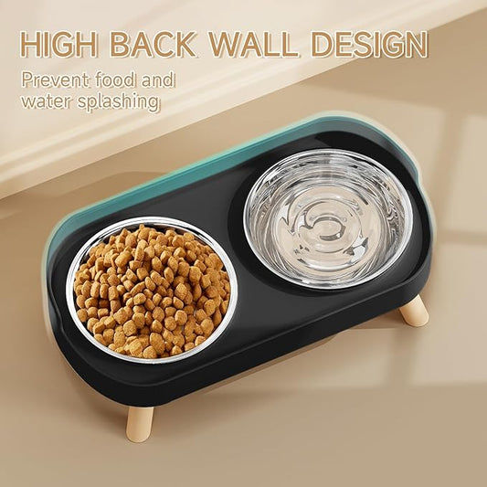 Elevated Cat Bowl, Raised Cat Food and Water Bowl Set for Indoor Cats, Splash Proof with 4 Stainless Steel Pet Food Bowls for Cats and Puppies, Whisker Fatigue and Dishwasher Safe - Black
