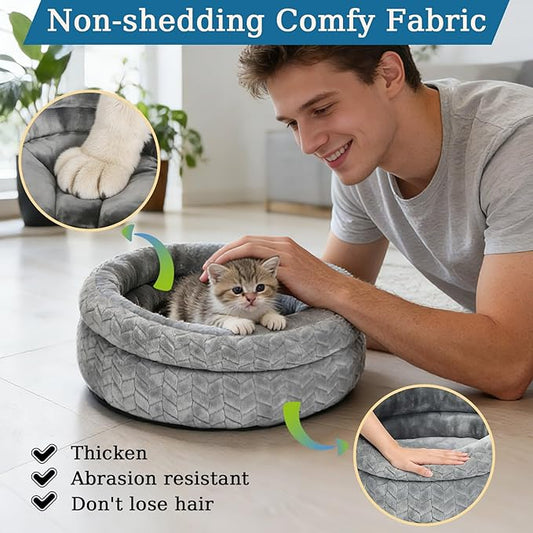 Dual-Layer Donut Cat Bed - Fluffy Round Bed for Small Pets - Ultra-Soft Cat Donut Bed for Cozy Sleep (Grey, 12 * 12 * 3.9 inch / 30 * 30 * 10 cm)