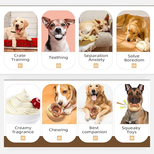 Dog Chew Toys for Aggressive Chewers, Indestructible Tough Squeaky Mental Stimulation Teeth Grinding Interactive Dog Chew Toys for Small/Medium/Large Dog Breeds, Creamy Scent Donut Brown