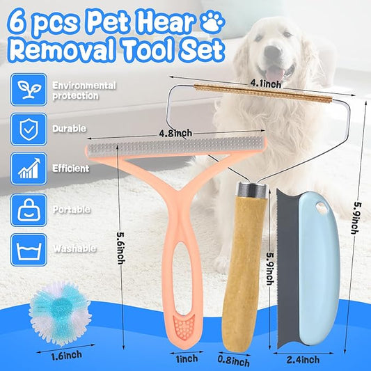 Pet Hair Removal Tool: 6 Pcs Dog Cat Hair Remover - Reusable Pet Hair Remover with Laundry Pet Hair Catcher - Portable Carpet Rake Scraper Fur Removal Tool for Rugs Car Mats Couch Furniture