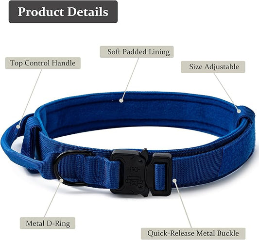 Tactical Dog Collar, Adjustable Military Training Nylon Dog Collar with Control Handle and Heavy Quick-Release Metal Buckle for Small Medium Large Dogs, Dark Blue XL