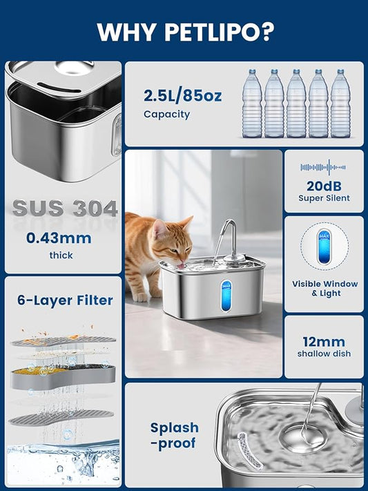 Cat Water Fountain Stainless Steel for Cats Indoor by BPA-Free SUS304, Effective 6-Layer Filter Cat Fountains for Drinking 2.5L 85oz 20dB Ultra Quiet Soft Flow Metal Pet Water Fountain