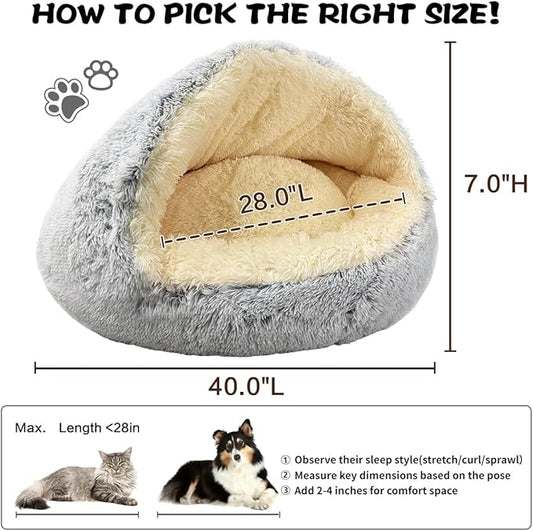 ShinHye Round Plush Fluffy Hooded Cat Bed Cave, Cozy for Indoor Cats or Small Dogs, Waterproof Bottom, Washable(40 in)