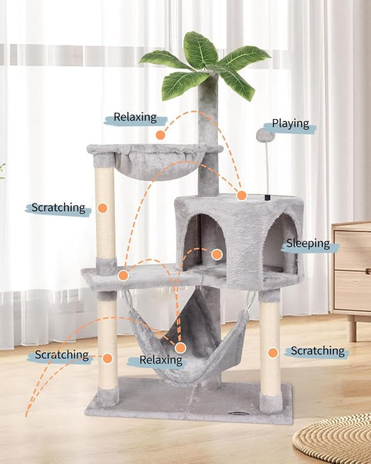 KIYUMI Cat Tree Cat Tower Condo with Sisal Scratching Post for Indoor Cats Tree Furniture with Hammock Perch and Kitten Ball Toys, Multi-Level Pet Activity Center (Grey)