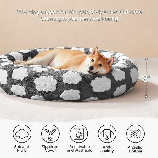 JOEJOY Donut Small Dog Bed, Round Cat Beds for Indoor Cats with Removable Washable Cover, Orthopedic Cute Puppy Kitten Pet Bed with Jacquard Shaggy Plush & Non Skid Bottom, Black