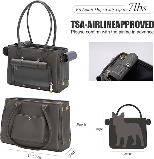 Minsong Fashion Pet Carrier Purse for Small Cat and Dog, Luxury Pu Soft-Sided Tote Bag with Large Pockets for Dogs and Puppies (Black, 13.6" L x 6" W x 10.0" H)