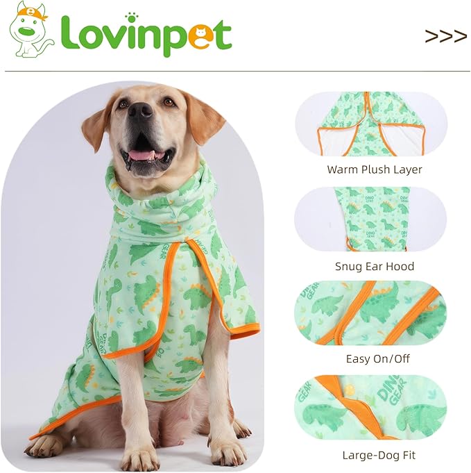 LovinPet 3‑in‑1 Dog Warm Winter Coat & Bathrobe, Hooded Dinosaur Fleece, Lightweight High‑Loft, Absorbent Knit, Quiet Hook‑and‑Loop, Wind‑Blocking Edges, Dog Robes for Medium & Large Dogs, Green,2XL