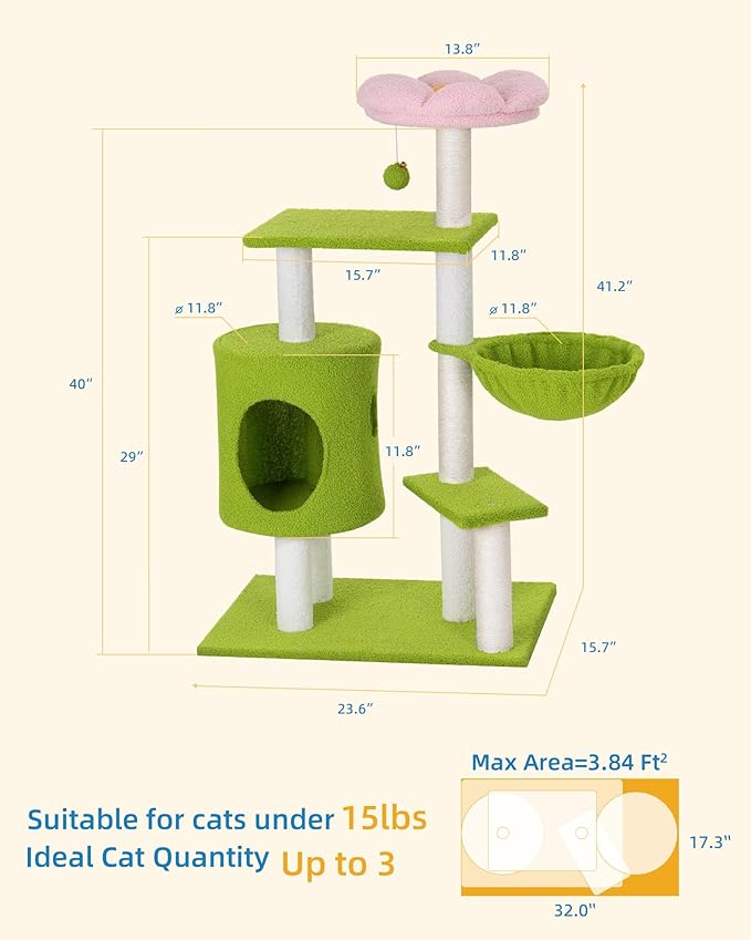 Aechonow 41.2'' Flower Cat Tree with 3 Scratching Posts, Small Cat Tower Cute for Indoor Girl Cat, Cozy Condo Cave Hammock Perch Bed for Kitten Pet, Green