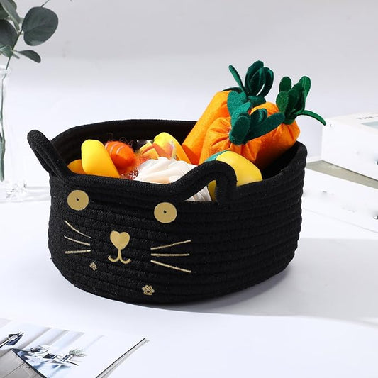 Zopeal Cat Basket Storage Woven Organizer with Ears Easter Decorative Pet Toy Cute Cotton Rope Basket for Gift Cat Dog Toy Bin Nursery Room(8.3 x 4.7 Inch,Black)