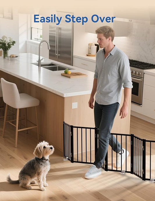 BFNN Metal Short Dog Gate, 16.5" High to Step-Over, Free Standing Foldable Pet Gate, Up to 72" Wide Puppy Fence for Stairs and Doorways, Indoor & Outdoor Use, No Drilling and No Assembly, Black