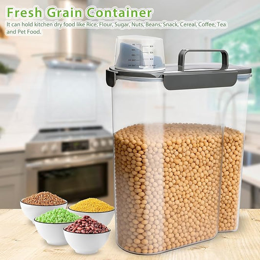 Rice Storage Container, 10 to 20lb Dry Food Airtight Dispenser, Pet Dog Cat Food Canister, BPA Free Clear Plastic Kitchen and Pantry Organization Bin for Oatmeal, Cereal, Pasta, Flour Grey
