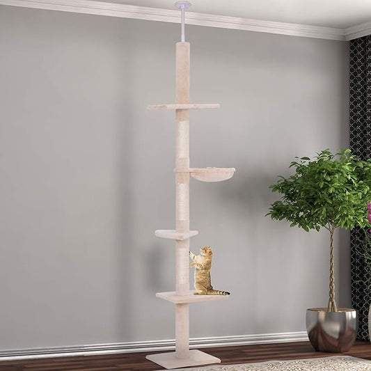 PawHut 102" Adjustable Height Floor to Ceiling Cat Tree, 5 Level Cat Tower with Scratching Posts, Hammock, Beige
