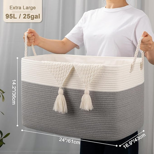 95L Extra Large Blanket Basket with Lid, 24" x 16.9" x 14.2" Woven Storage Basket for Living Room, Rectangle Nursery Blanket Storage for Toys, Towels, Dirty Clothes, Grey & White