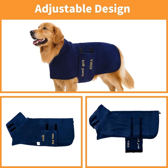 Dog Towel Dog Bathrobe, Microfiber Super Absorbent Pet, Quick Drying Robe for After Bath, Adjustable Collar & Belly Strap Pet Cat Bath Robe Towel Blue-XL