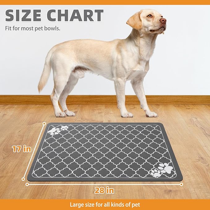 KOOLTAIL Dog Food Mat, Absorbent Pet Feeding Mat for Food and Water Bowls, Placement Pad for Floors with Waterproof Rubber Backing, Quick Dry Water Dispenser Mat for Dogs Puppy Cats, Grey, 17"x28"