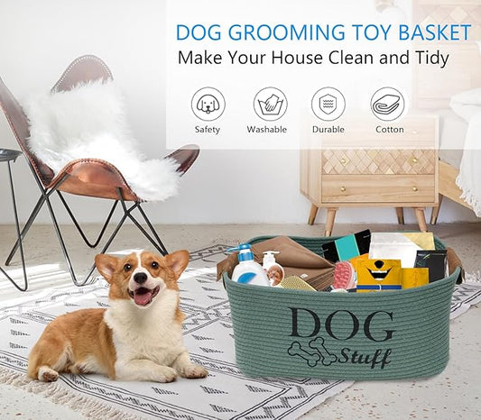 Durable Cotton rope dog toy storage, large dog bin, pet bed, puppy toy box - Perfect for organizing pet toys, blankets, leashes, clothing and any doggie stuff - Green