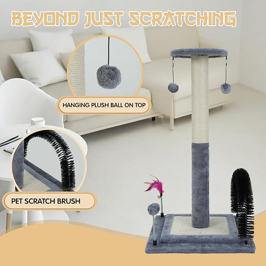ROYPET Multifunctional Cat Scratching Posts for Indoor Kittens,Cat Scratching Posts for Play and Activity,Scratching Posts with Feather Toys, Hanging Balls and Self-Grooming Brush,Grey