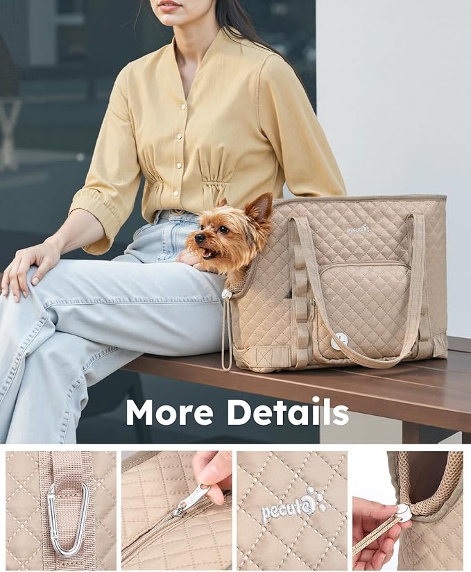 Pecute Dog Purse Carrier, Dog Carrier with Pockets for Small Dogs, Fits Dogs 5 lbs to 9 lbs, Cat and Puppies Tote Bag, Outing, Travel, Vet, Khaki