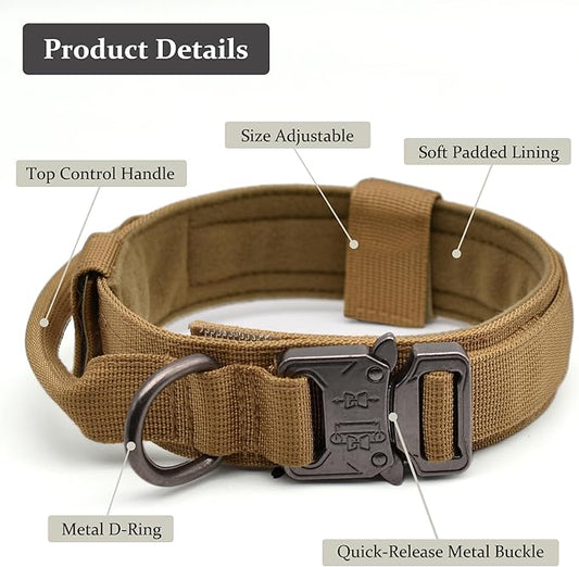 Tactical Dog Collar, Adjustable Military Training Nylon Dog Collar with Control Handle and Heavy Quick-Release Metal Buckle for Small Medium Large Dogs, Brown XL