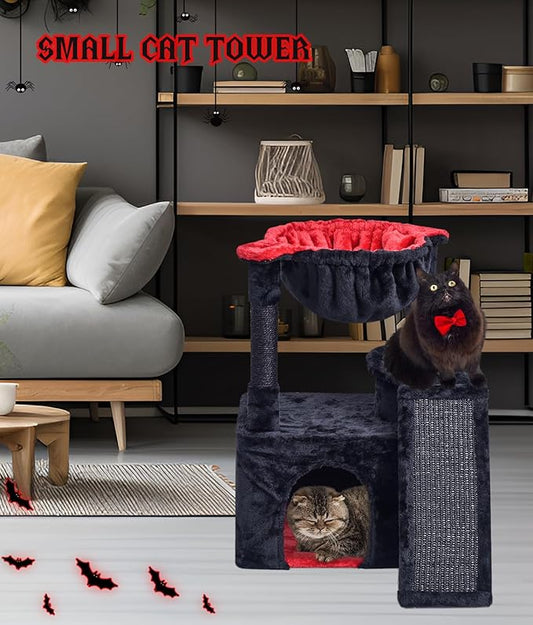 SYANDLVY Gothic Cat Tree for Indoor Cats Large Adult, Modern Activity Tower with Scratching Posts & Board, Condo with Plush Perch, Cradle & Hanging Ball & Spider for Play, Black
