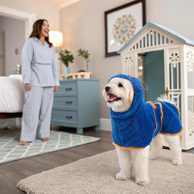 EXPAWLORER Soft Dog Bathrobe with Hood, Super Absorbent & Quick-Drying Dog Towels, Cozy Drying Coat for After Bath,Swimming, Blue XL