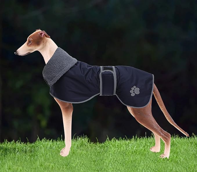 Geyecete Dog Winter Coat Greyhound Raincoat Fabric with Lamb Velvet Inside Outdoor Dog Apparel with Adjustable Bands for Medium, Large Dog-Navy-XL
