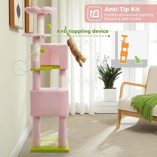 PEQULTI 62" Cat Tree for Indoor Cats, Multi-Level Cat Tower with Cozy Cat Condo Clearance Prime, Pink