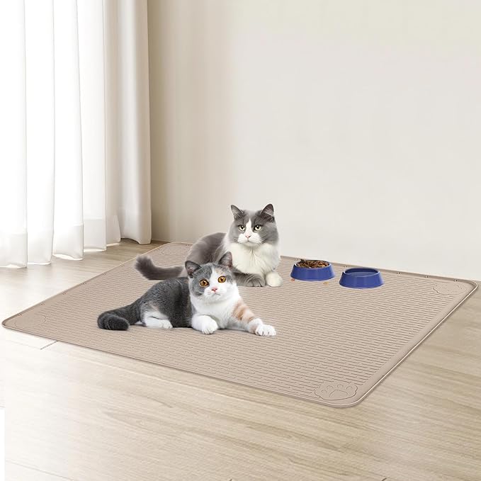 Cat Food Mat, 34" x 22" Large Silicone Pet Feeding Mat for Food and Water Bowls Non-Slip, Easy to Clean (Khaki)