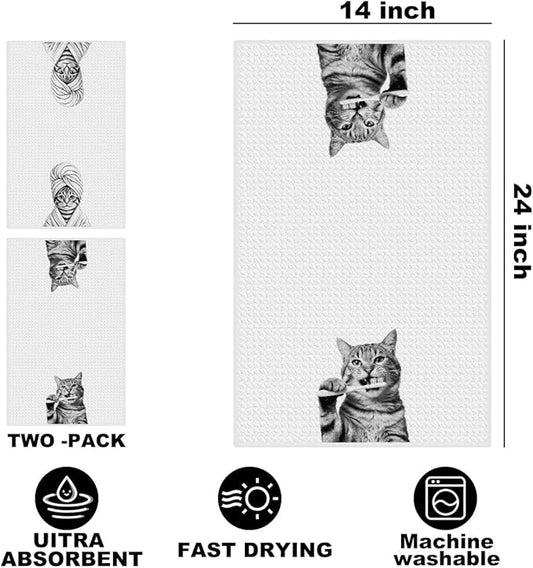 Hanamiya Na 2 Pcs Cute Cat Gifts Hand Towels 24x14 Inch, Funny Cats Gift Reusable Dish Towels for Kitchen Decor, Waffle Weave Absorbent Hand Cloth Tea Towel, Cat Lover Gifts for Women Mom Friend