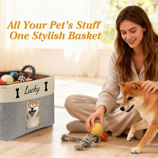Personalized Dog Cat Toy Storage Basket with Photo & Name, Custom Collapsible Pet Organizer Bin with Handles for Toys, Clothes, Blankets & Pet Supplies