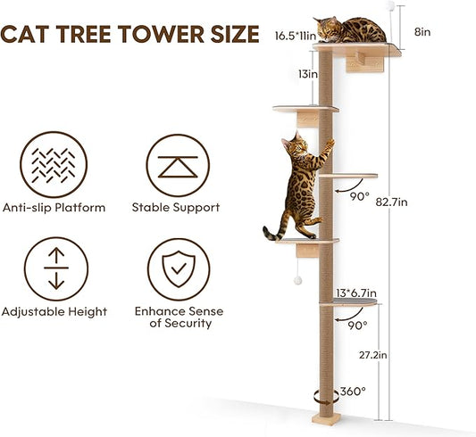 Floor to Ceiling Cat Tree for Kittens, 5-Tier Wall Mounted Cat Wall Shelves with Grey Felt Pads, Adjustable Wild Simulation Cat Tower, Natural Pine Wood Platforms for Climb, Scratch and Lookout