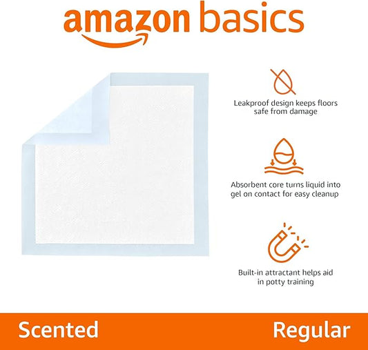 Amazon Basics Scented Dog and Puppy Pee Pads, 5-Layer Leak-Proof Super Absorbent, Quick-Dry Surface for Potty Training, Regular Size 22 x 22 inches, Blue & White, 30 Count