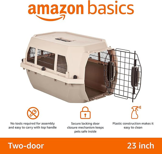 Amazon Basics Hard-Sided Dog and Cat Kennel, Single-Door Travel Pet Carrier with Metal Wire Ventilation, 23.6"L x 15.7"W x 13"H, Beige