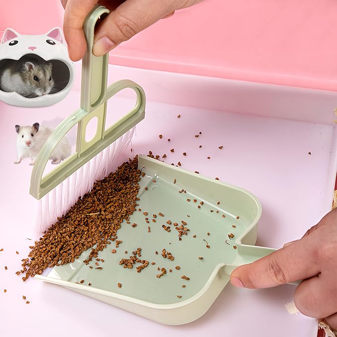 Mini Dustpan and Brush Set, Portable Exquisite Pet Waste Cleaning Kit, Hamster Sand Scooper Cage Cleaning Tool for Small Pets Guinea Pigs Hedgehogs Hamsters Chinchillas Rabbits (Pink)