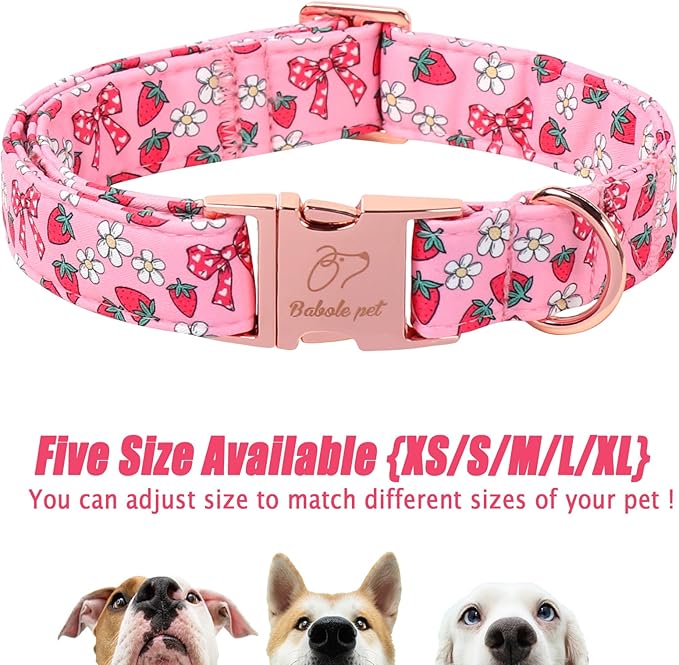 Strawberry Bow Dog Collar, Spring/Summer Pink Girl Dog Collars, Adjustable Heavy Duty Girly Female Dogs Collars for Small Medium Large Dogs with Metal Buckle XL