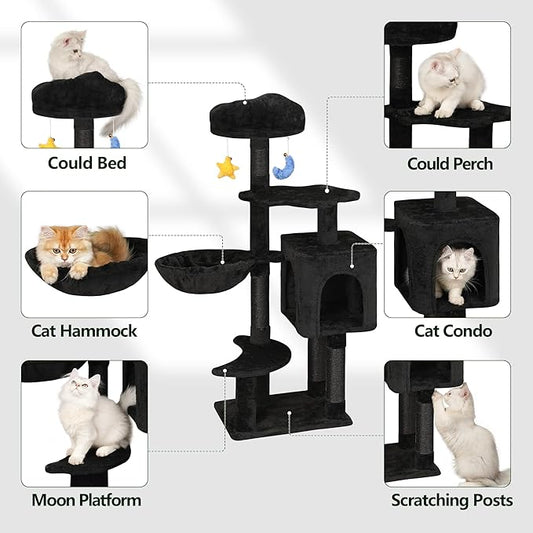 Meecal Gothic Black Cat Tree for Indoor Kittens & Small Cats Under 6 Months 9lbs, 43-Inch Cute Cat Tower with Scratching Post, Cat Condos, Cozy Hammock, Unique Perch & Dangling Toy