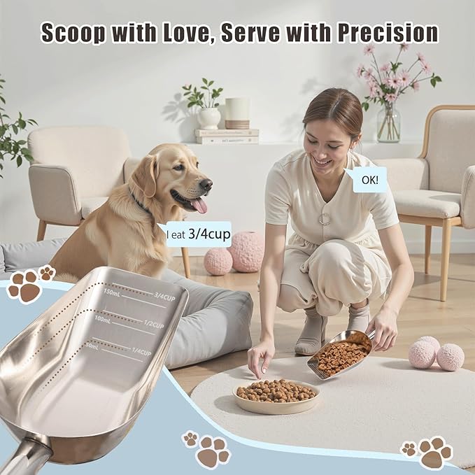 Dog-Cat Food Scoop 3/4 Cup, SSyang Thickened 304 Stainless Steel Pet Food Scoop with Long Handle, Precision Scale, Easy to Clean, Suitable for Wet and Dry Food