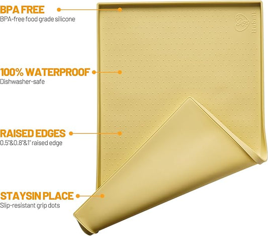 Hubulk Dog Feeding Mat,100% Waterproof Food Grade Silicone Pet Food and Water Bowl Placemat,Dishwasher, High Raised Edge to Prevent Spills,Nonslip Tray to Stop Messes on Floor(28"x18"x0.8", Yellow)