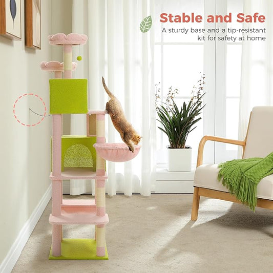 MUTTROS Flower Cat Tree Tall 70.8" for Adult Indoor Cats, 8-Levels Large Cat Tower with 8 Sisal Posts, 2 Hammocks, 2 Condos, Big Perch & 3 Pom Poms for Multi-Cats Household – Carpet Pink