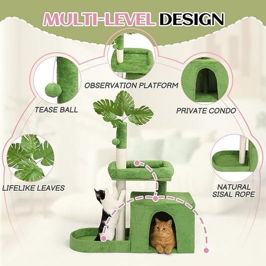 Outvita Cat Tree 36in Monstera Cat Tower with Leaves, Multi-Level Cat Tree Tower with Cat Scratching Post, Cozy Cat Condo, Padded Beds, Dangling Ball for Kittens and Indoor Cats, Green