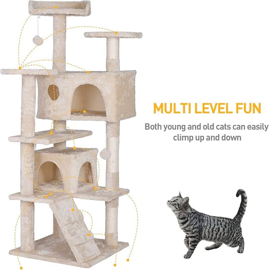 53 inches Heavy Duty Multi-Level Cat Tree Tower with Condo Furniture & Scratching Posts for Kittens Play Rest (Beige)
