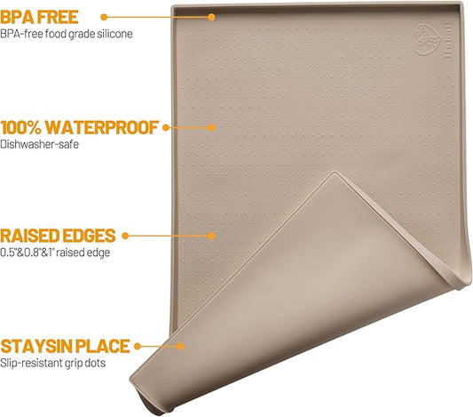 Hubulk Dog Feeding Mat,100% Waterproof Food Grade Silicone Pet Food and Water Bowl Placemat,Dishwasher, High Raised Edge to Prevent Spills,Nonslip Tray to Stop Messes on Floor(32"x24"x1.0", Taupe)