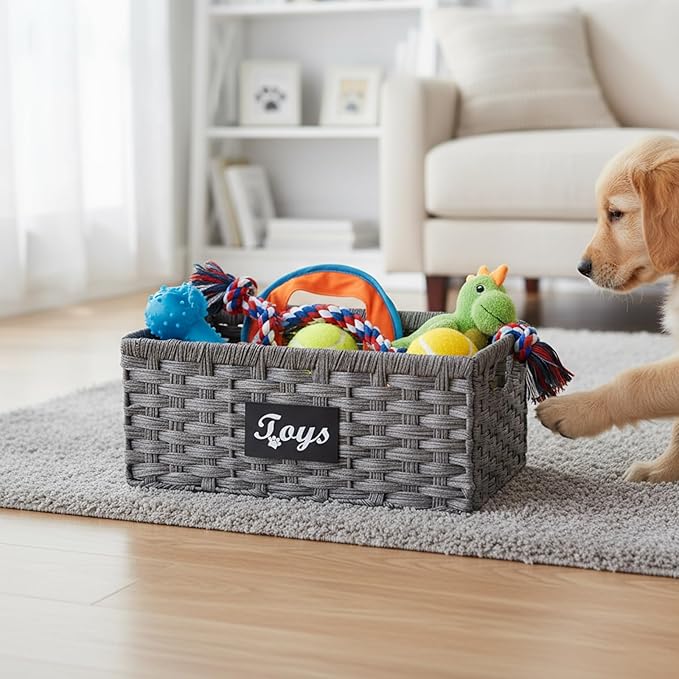 Geyecete dog toy basket Foldable Pet Toy Storage Box, Gray square Seagrass & Iron Wire Design for Organized pet toy bin basket Wicker dog toy box