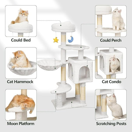 Meecal 43-Inch Cat Tree,Cute Cloud Cat Tree for Kittens & Small Cats Under 6 Months 9lbs, Cat Tower with Scratching Post, Double Condos, Plush Hammock & Dangling Toys, White