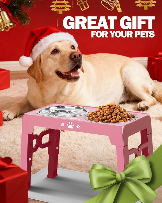 Elevated Dog Bowls with Mat, Non-Slip Dog Feeder with 1*Stainless Steel Dishes & 1*Slow Feeder Bowl, 5 Heights Adjustable Raised Bowls for 3.15″-8.66″-9.84″-11.02″-12.2″
